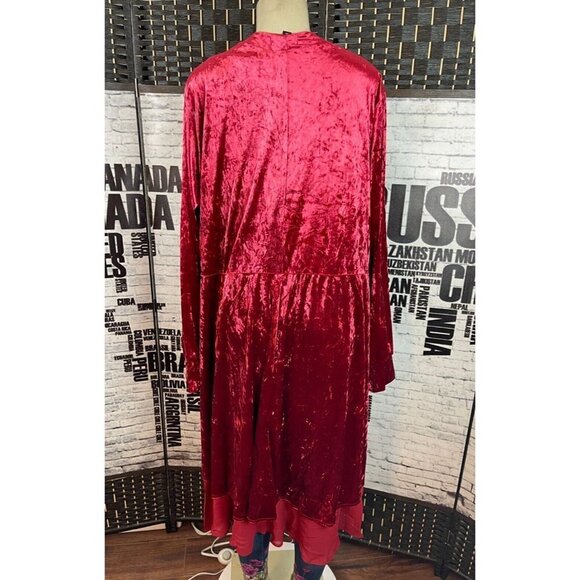 Torrid Plus 3 Red Crushed Velvet Open Front Mesh Hem Long Sleeve Midi Topper - Picture 4 of 6